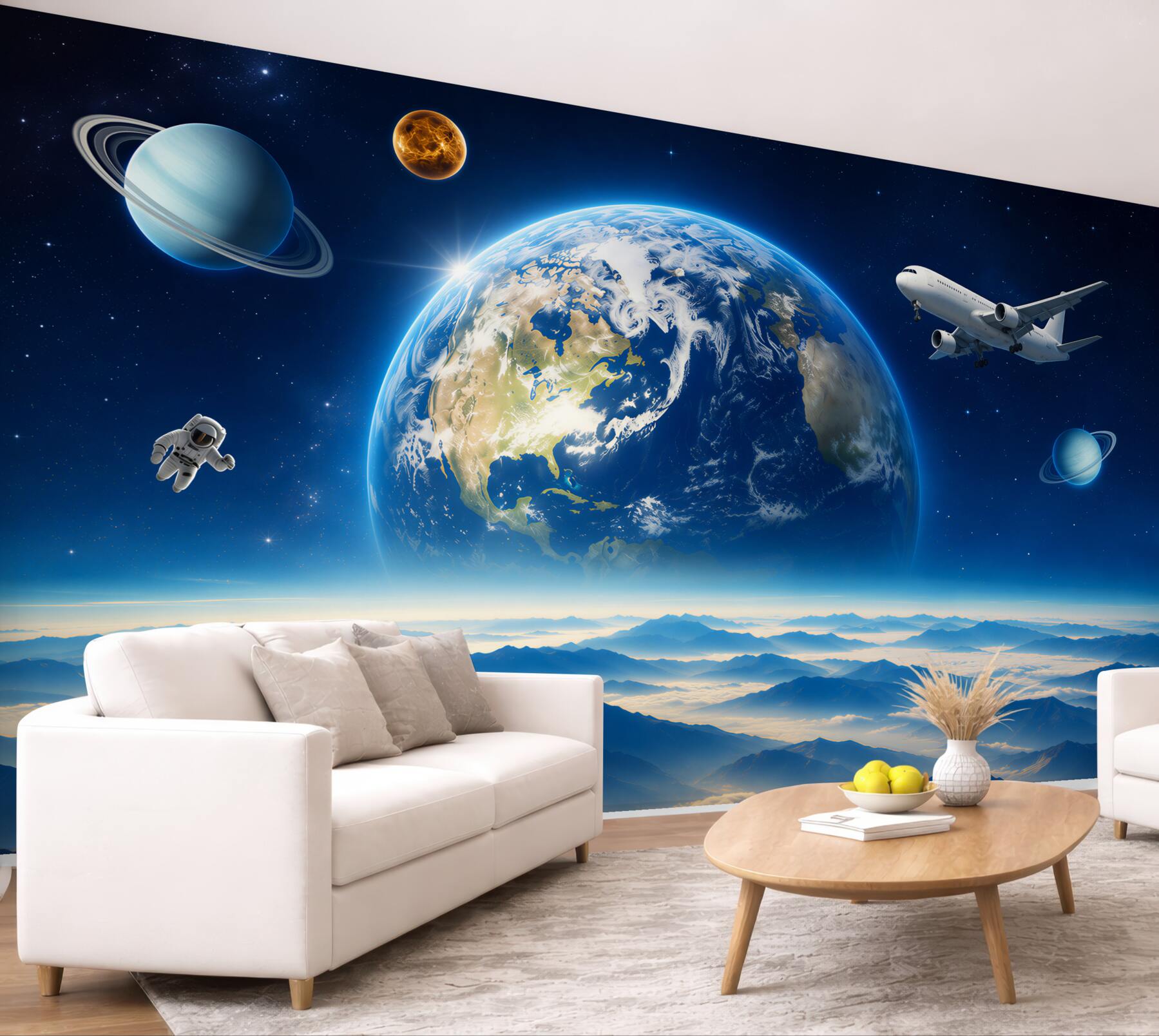 Fototapeta kosmiczny krajobraz z planetą nad górami w błękitnych pastelach?v23