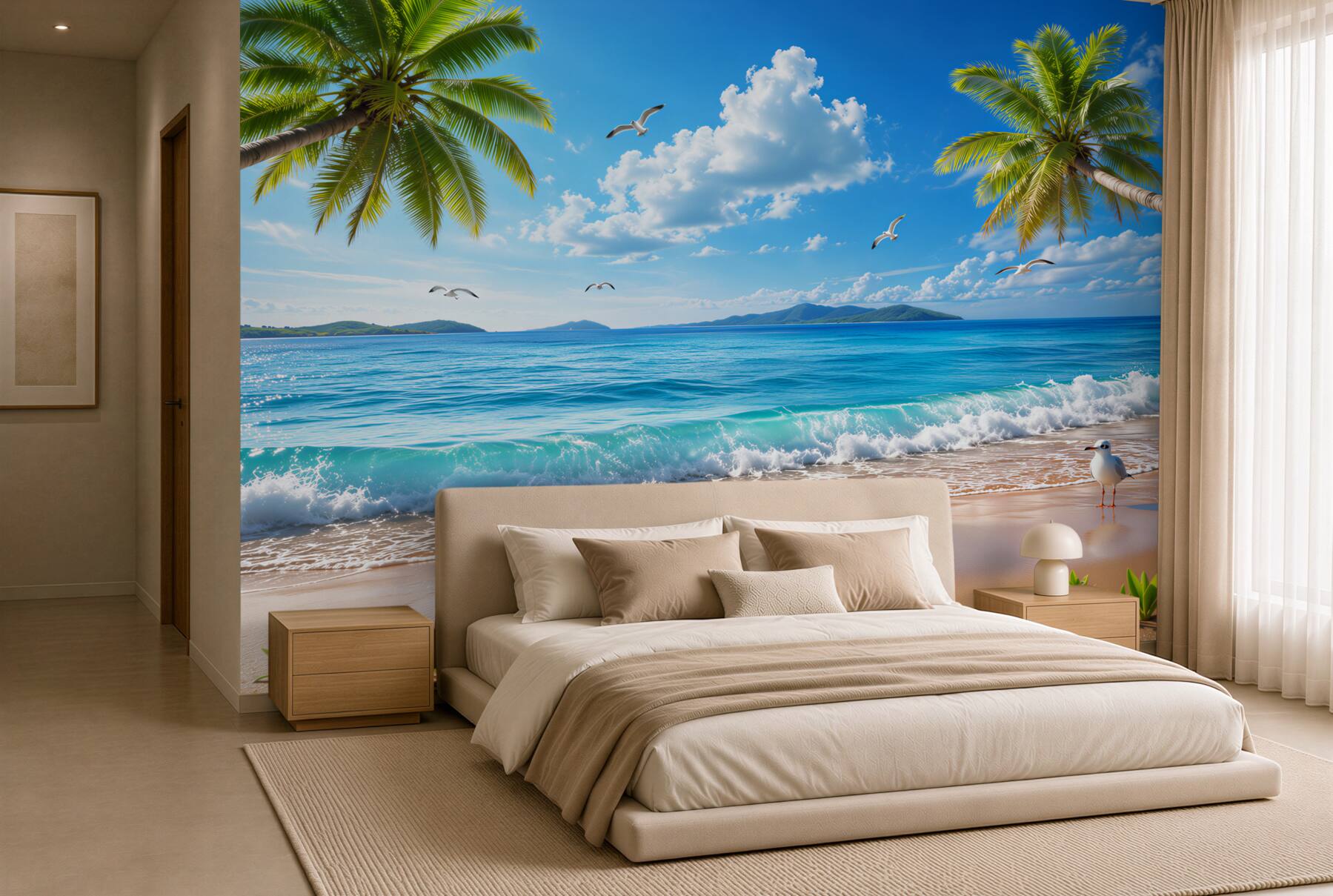 Fototapeta tropikalna plaża z palmą i turkusowym morzem o poranku?v23