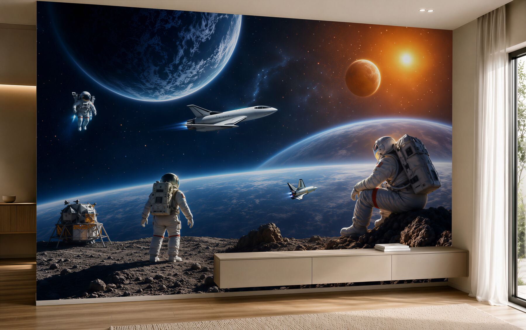 Fototapeta kosmos z planetami i chmurami w pastelowych kolorach