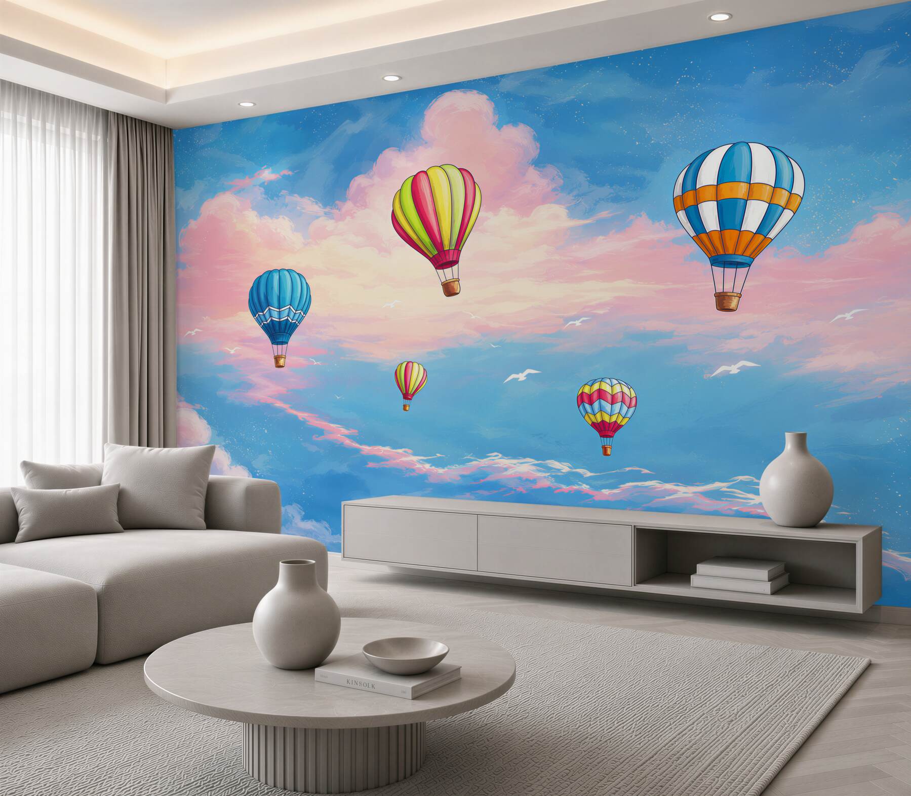 Fototapeta balony na gorące powietrze nad morzem o wschodzie słońca