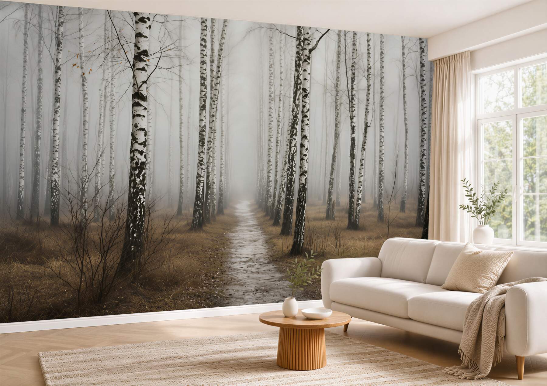 Fototapeta ścieżka przez mglisty las brzozowy
