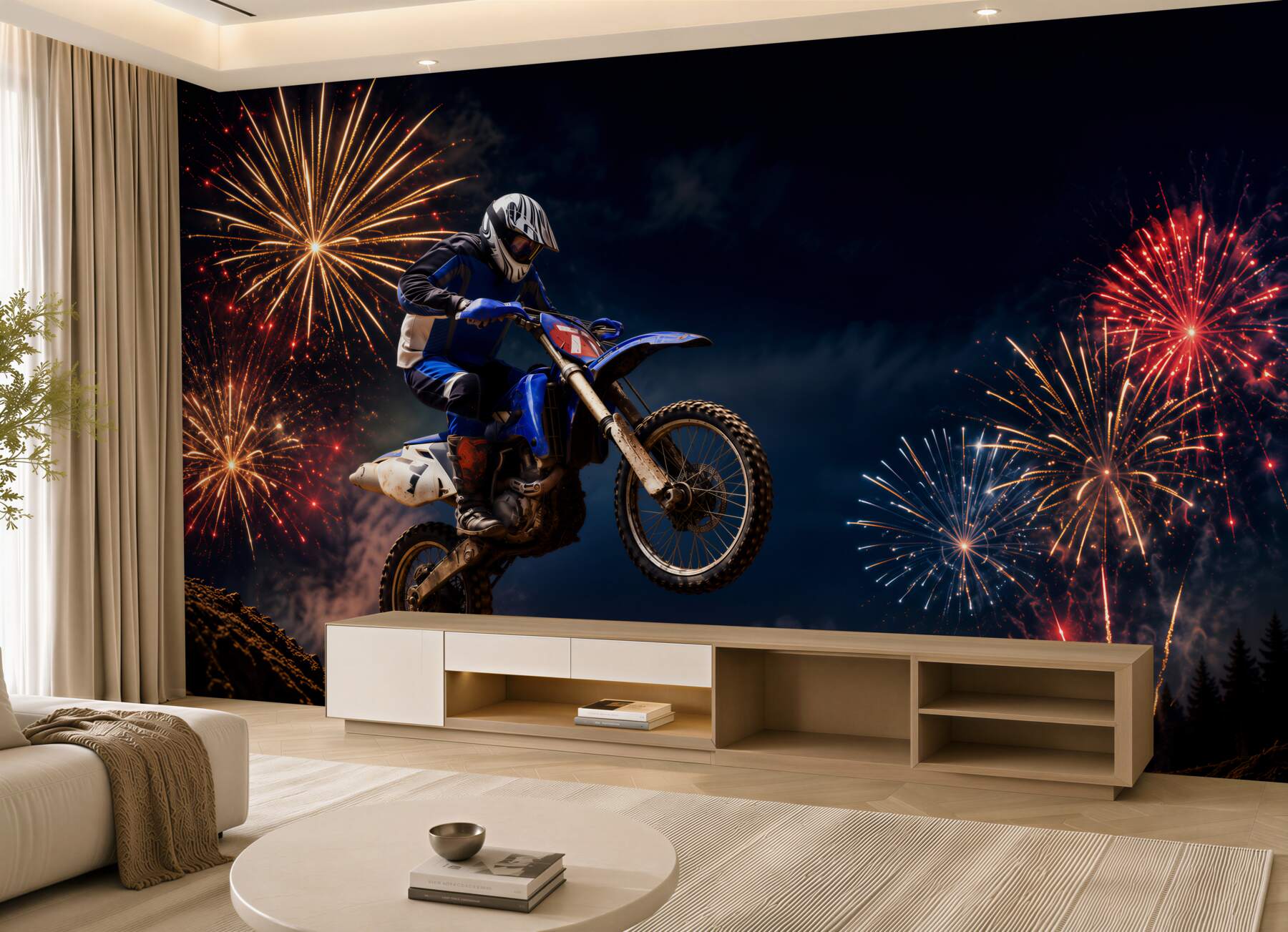 Fototapeta motocyklista na tle fajerwerków