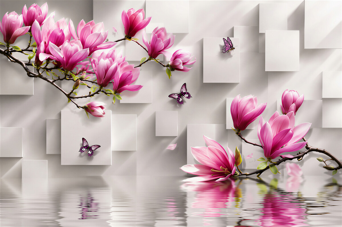 Fototapeta fioletowe kwiaty magnolii nad wodą