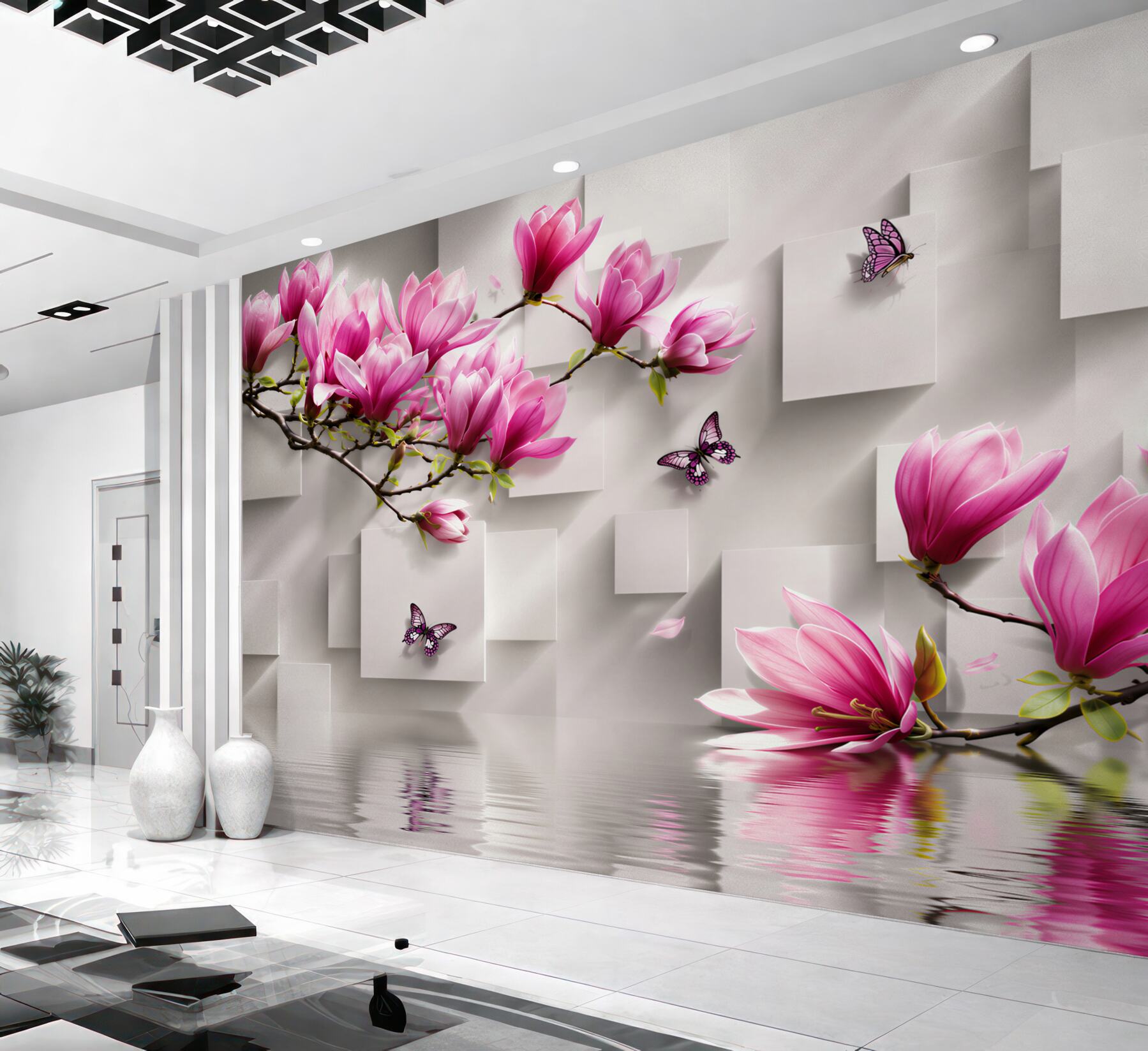 Fototapeta fioletowe kwiaty magnolii nad wodą?v23