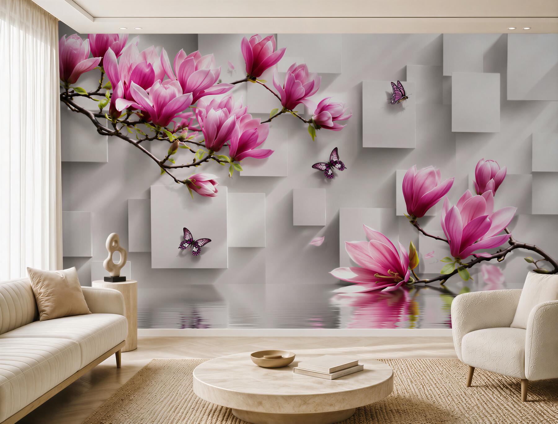 Fototapeta fioletowe kwiaty magnolii nad wodą