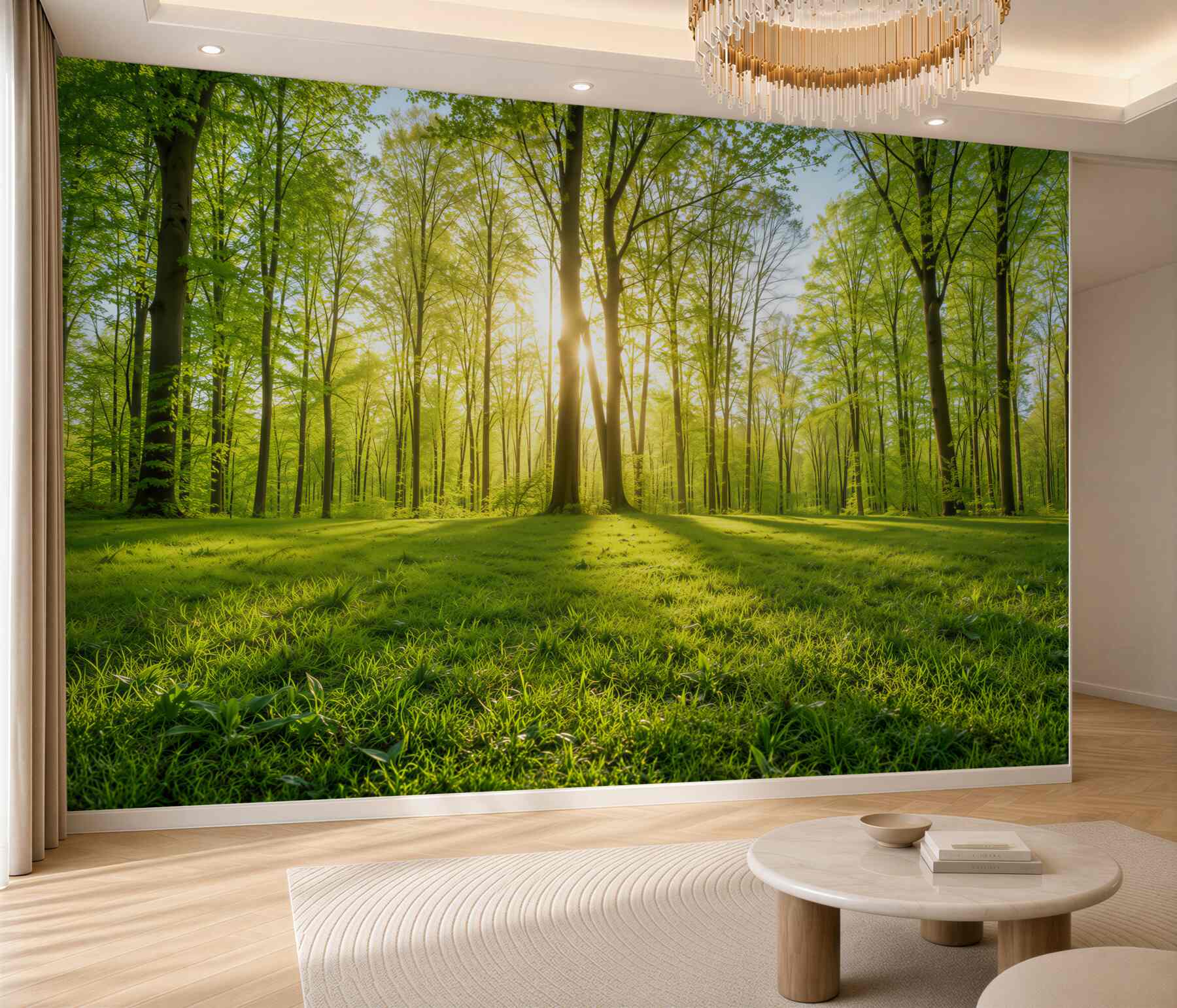 Fototapeta wschód słońca w zielonym lesie