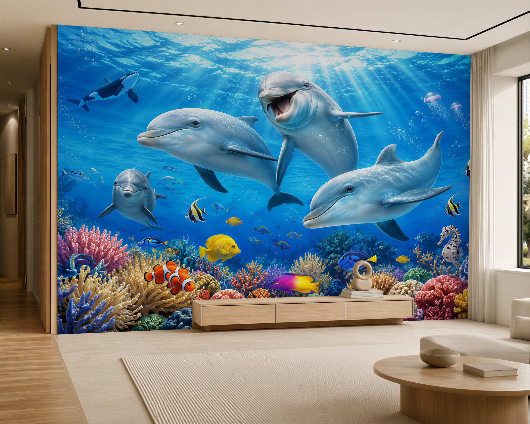 Fototapeta uśmiechnięte delfiny i ryby pod wodą