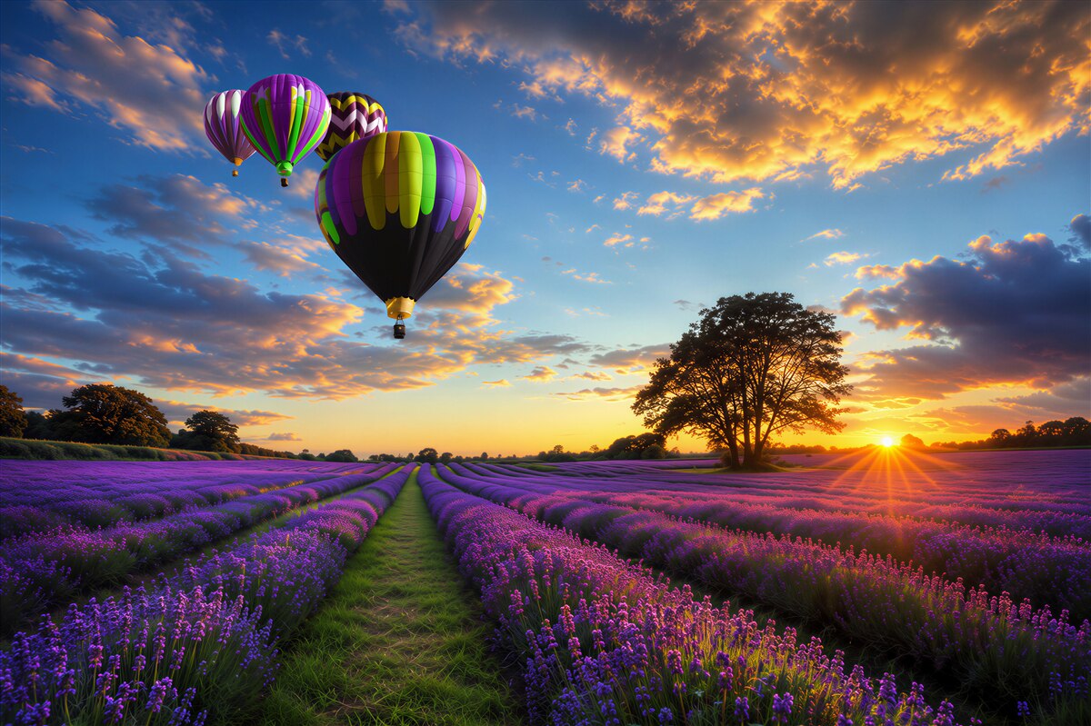 Fototapeta kolorowy balon na ogrzane powietrze unoszący się nad lawendą