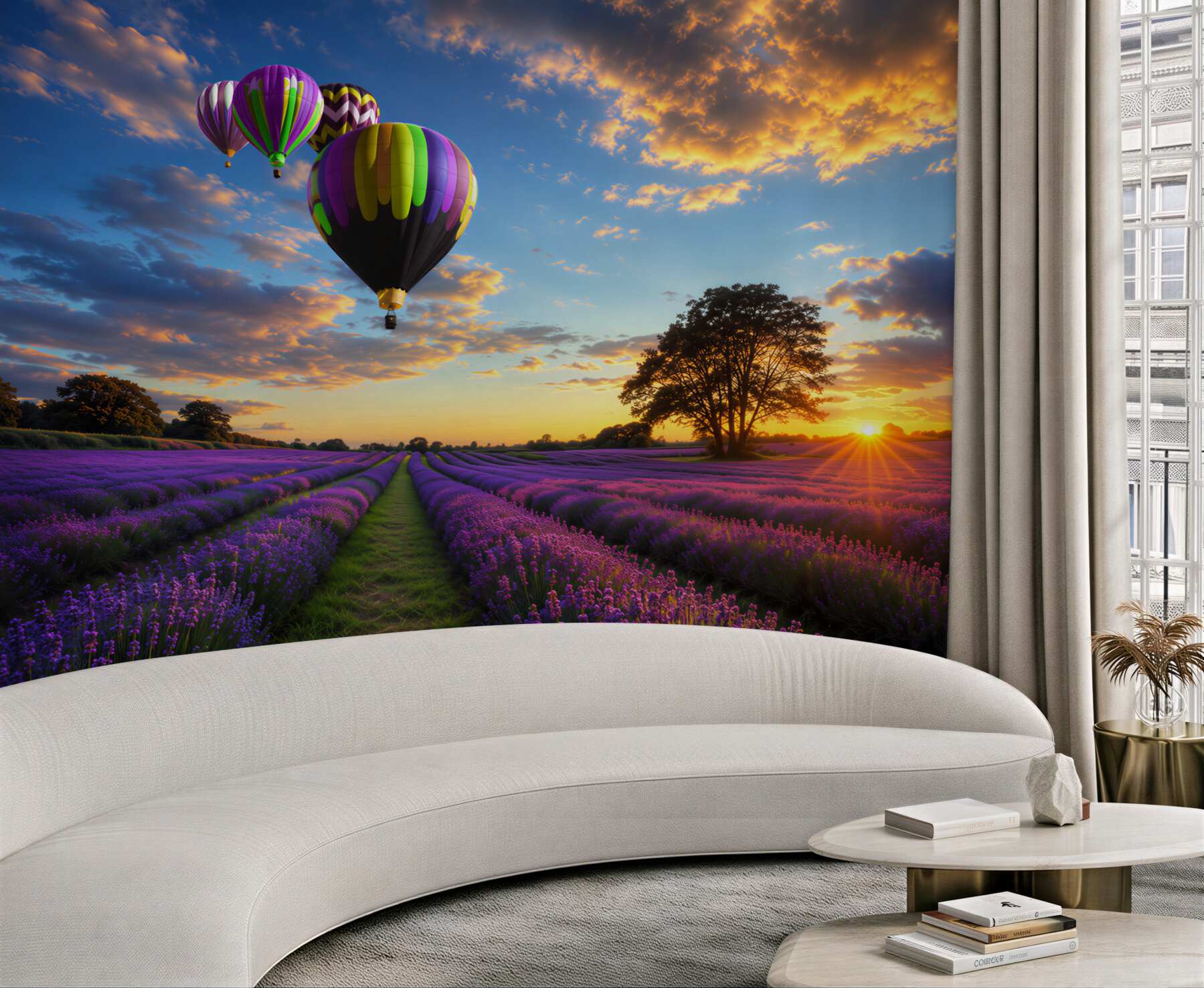 Fototapeta kolorowy balon na ogrzane powietrze unoszący się nad lawendą?v23