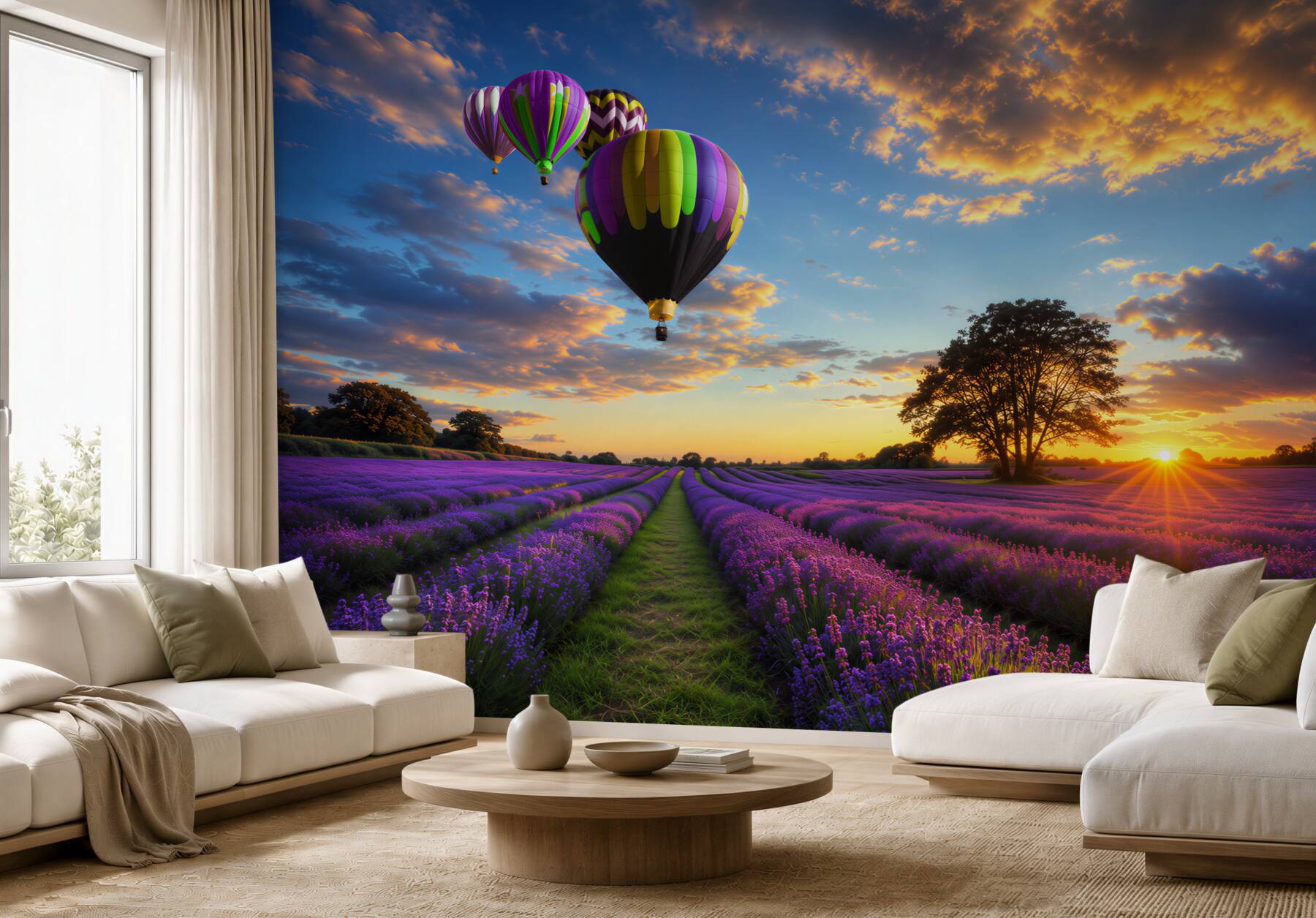 Fototapeta kolorowy balon na ogrzane powietrze unoszący się nad lawendą
