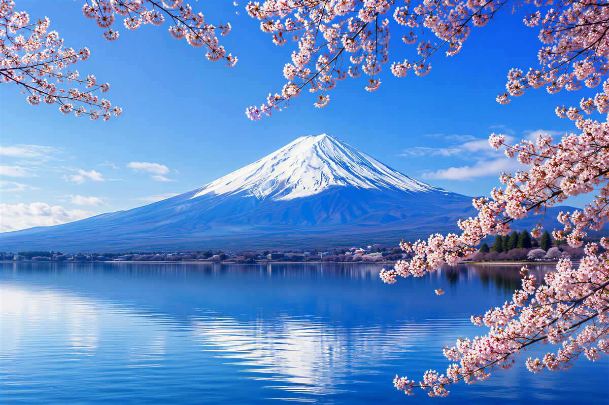Fototapeta sakura na tle jeziora i gór