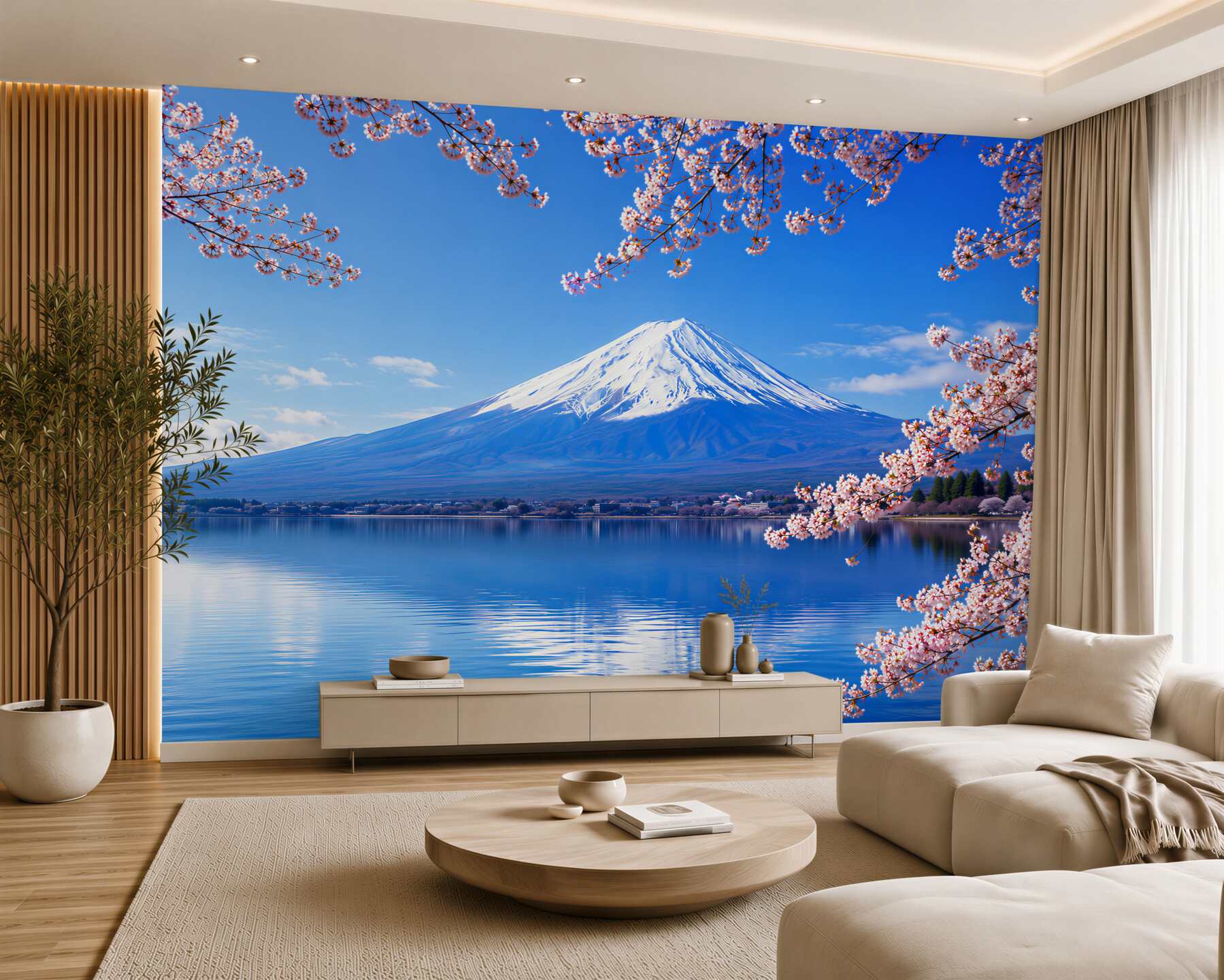 Fototapeta sakura na tle jeziora i gór