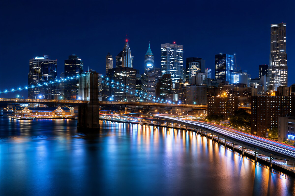 Fototapeta Molo na Manhattanie w nocy jest oświetlone