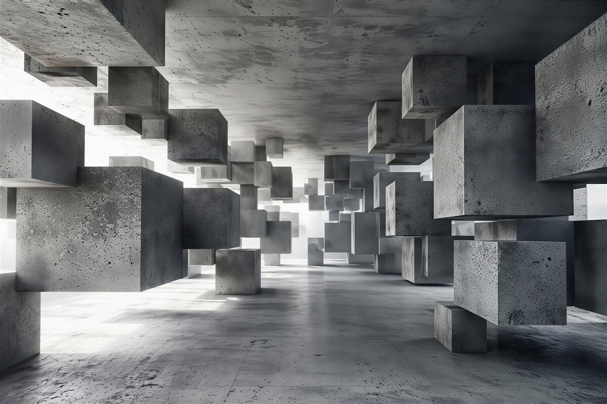 Fototapeta pływające szare kostki w cofającym się tunelu