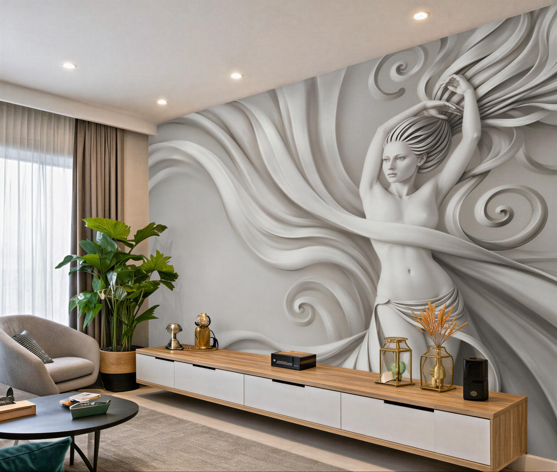 Fototapeta kobieta w rzeźbiarskim stylu 3D w kremowych falach?v23