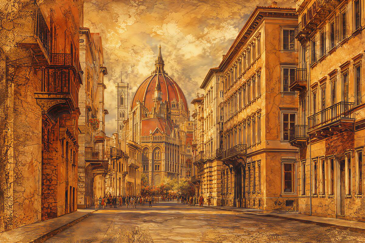 Fototapeta ulica Florencji z katedrą w ciepłych beżowych tonach