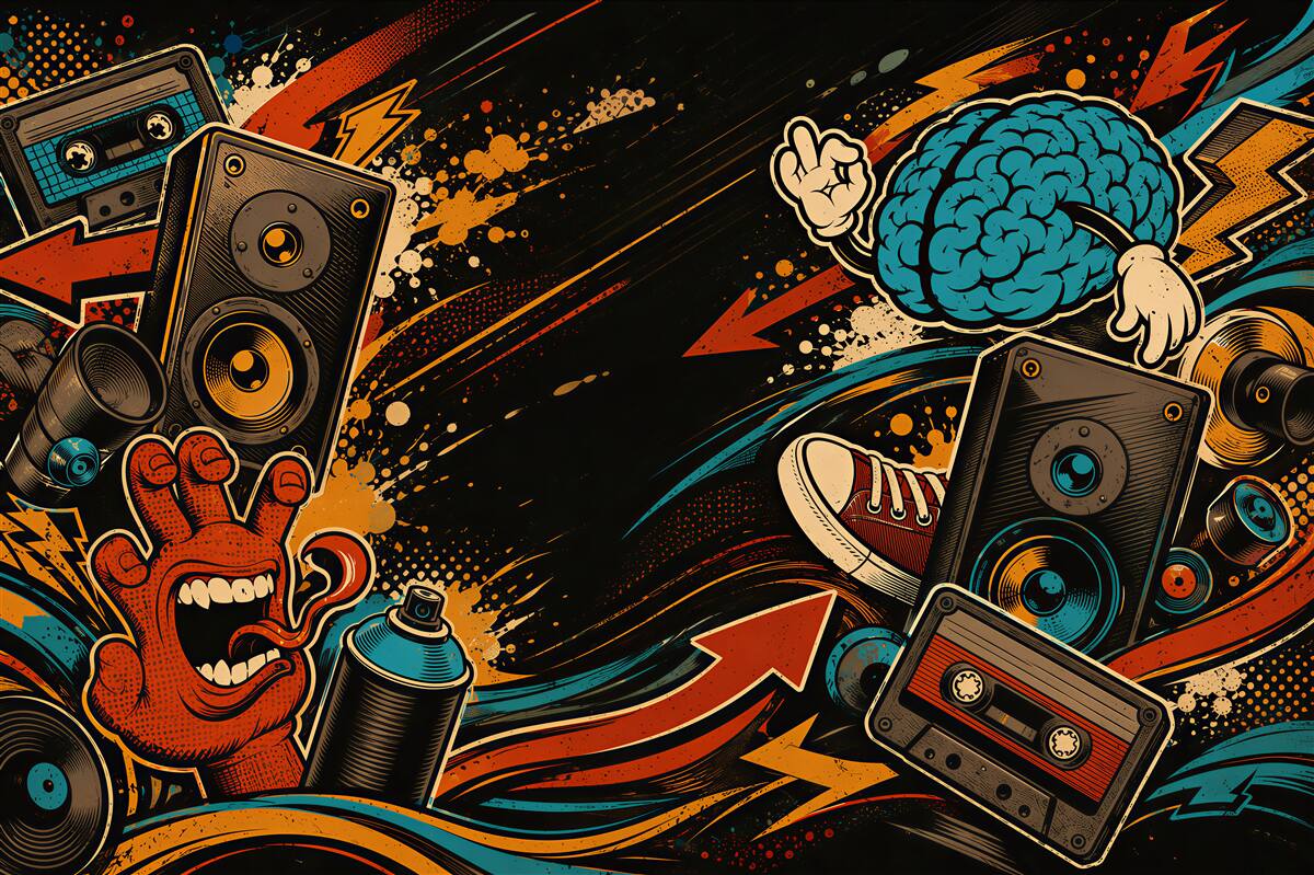 Fototapeta muzyczny kolaż street art z głośnikami i graffiti