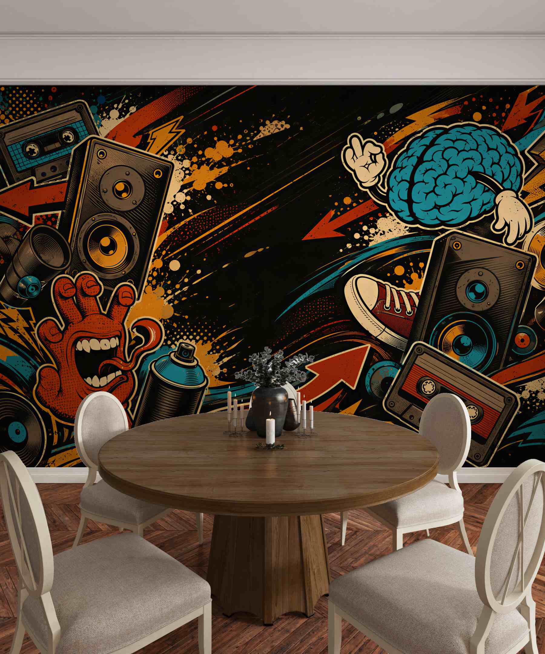 Fototapeta muzyczny kolaż street art z głośnikami i graffiti?v23