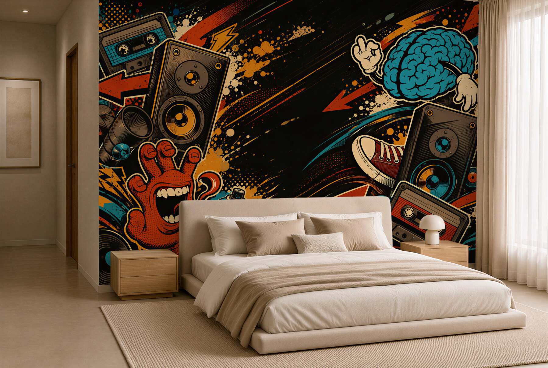 Fototapeta muzyczny kolaż street art z głośnikami i graffiti?v23
