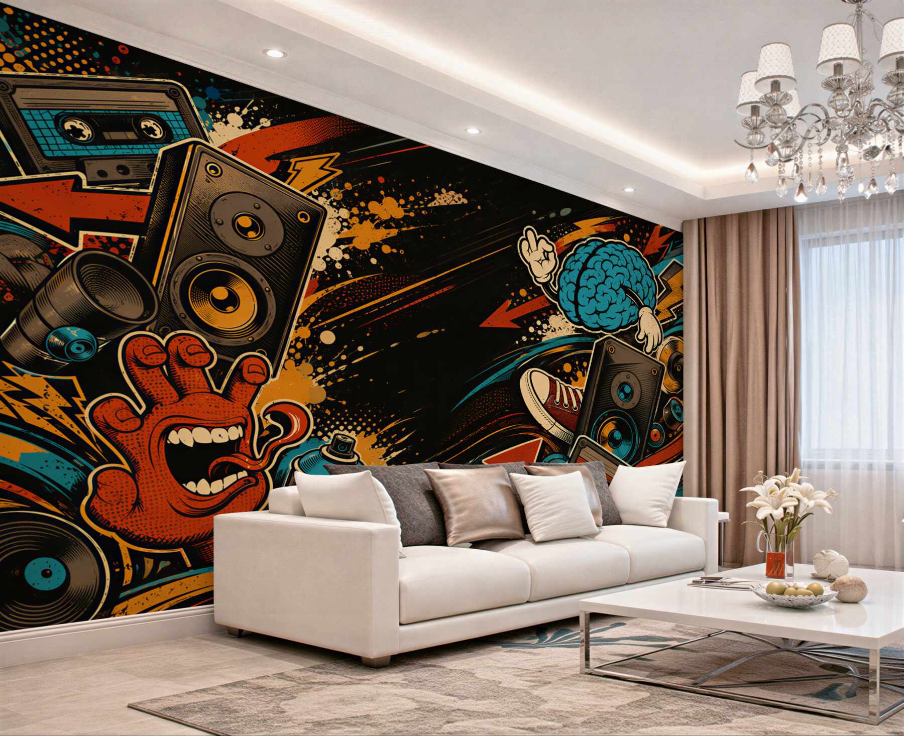 Fototapeta muzyczny kolaż street art z głośnikami i graffiti?v23