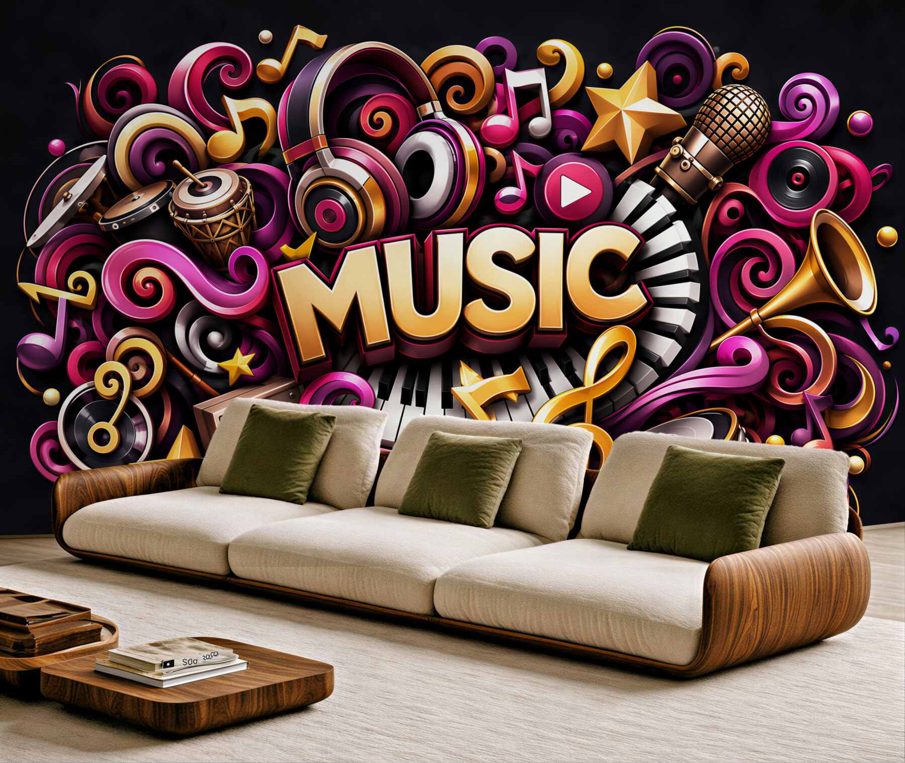 Fototapeta instrumenty muzyczne z pianinem i mikrofonem w beżowym stylu?v23