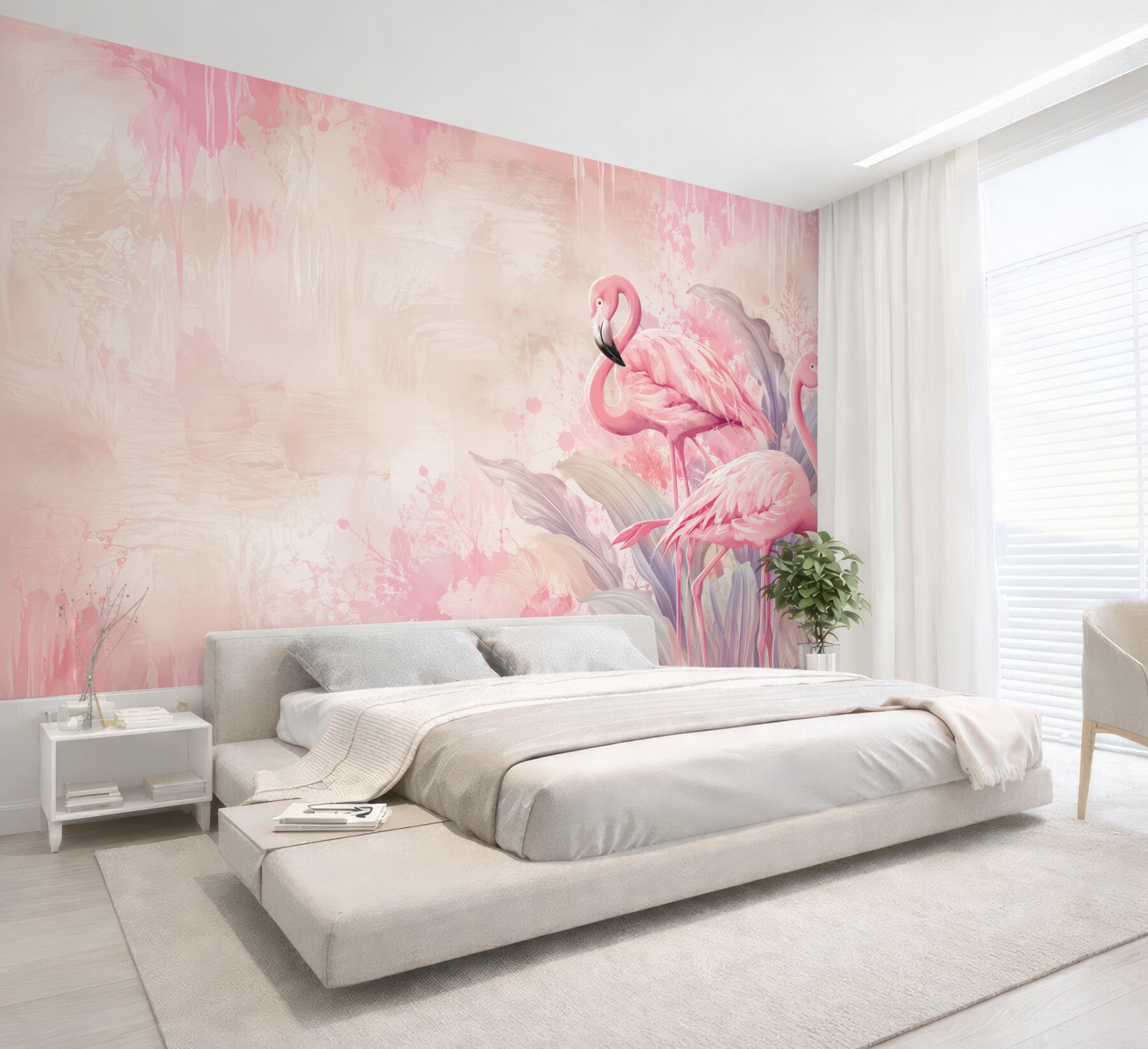 Fototapeta różowe flamingi w pastelowych liściach tropikalnych?v23