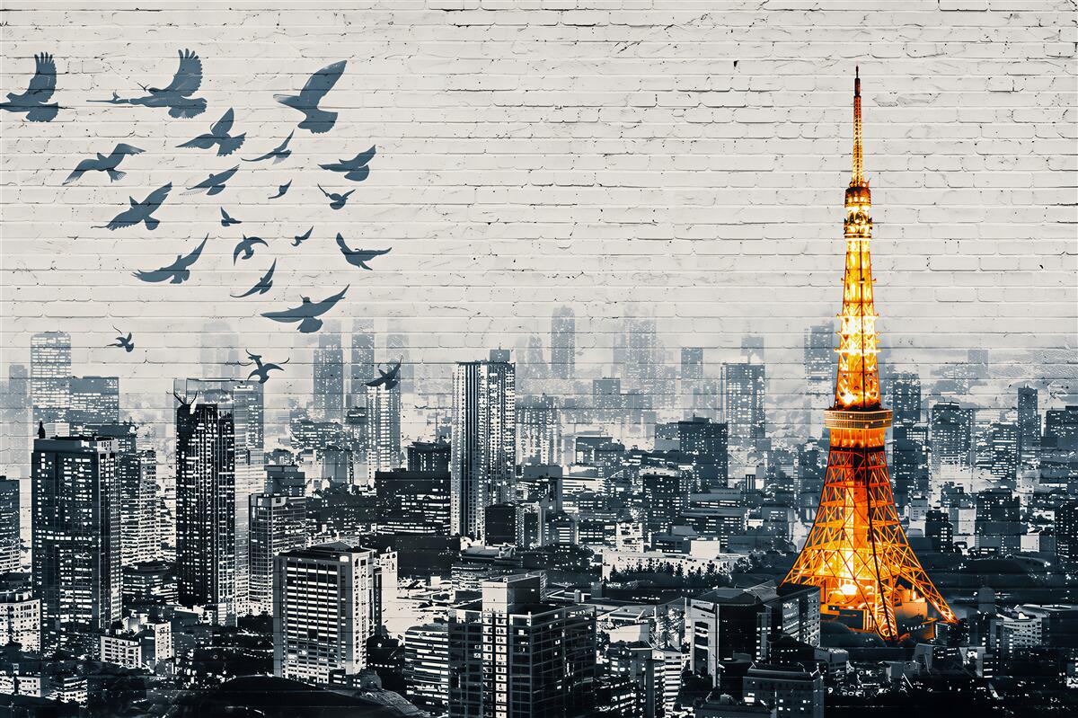 Fototapeta panorama Tokio z wieżą i ptakami w akwarelowym stylu
