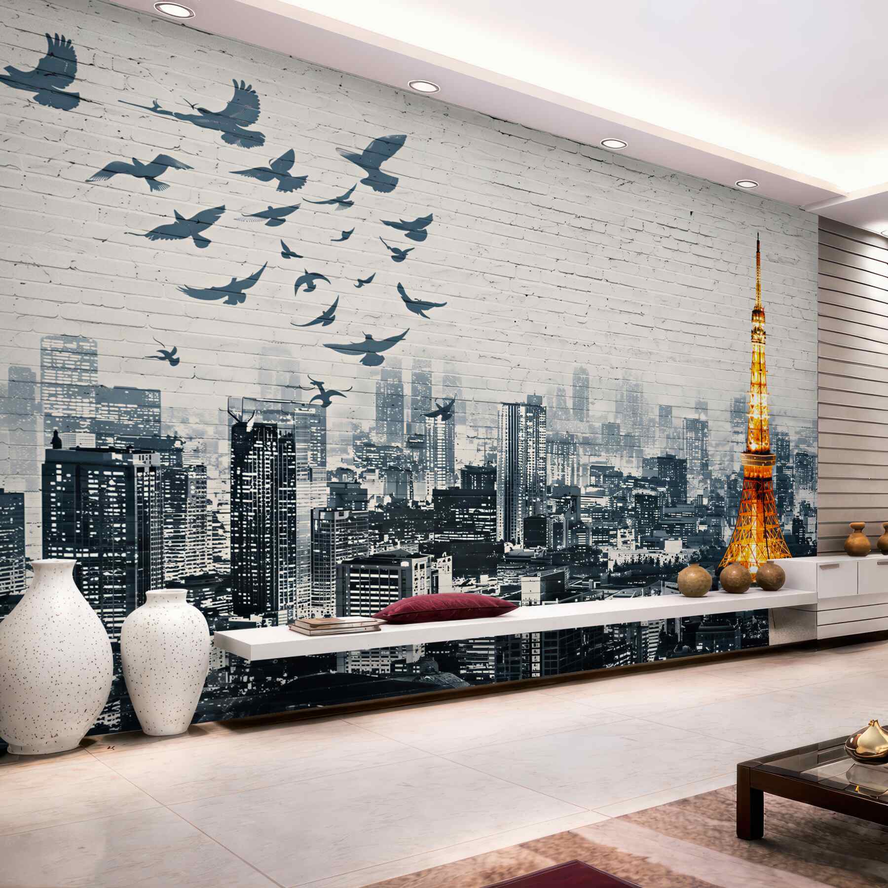 Fototapeta panorama Tokio z wieżą i ptakami w akwarelowym stylu?v23