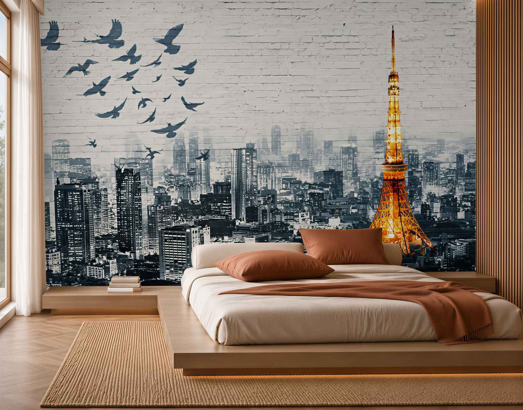 Fototapeta panorama Tokio z wieżą i ptakami w akwarelowym stylu?v23