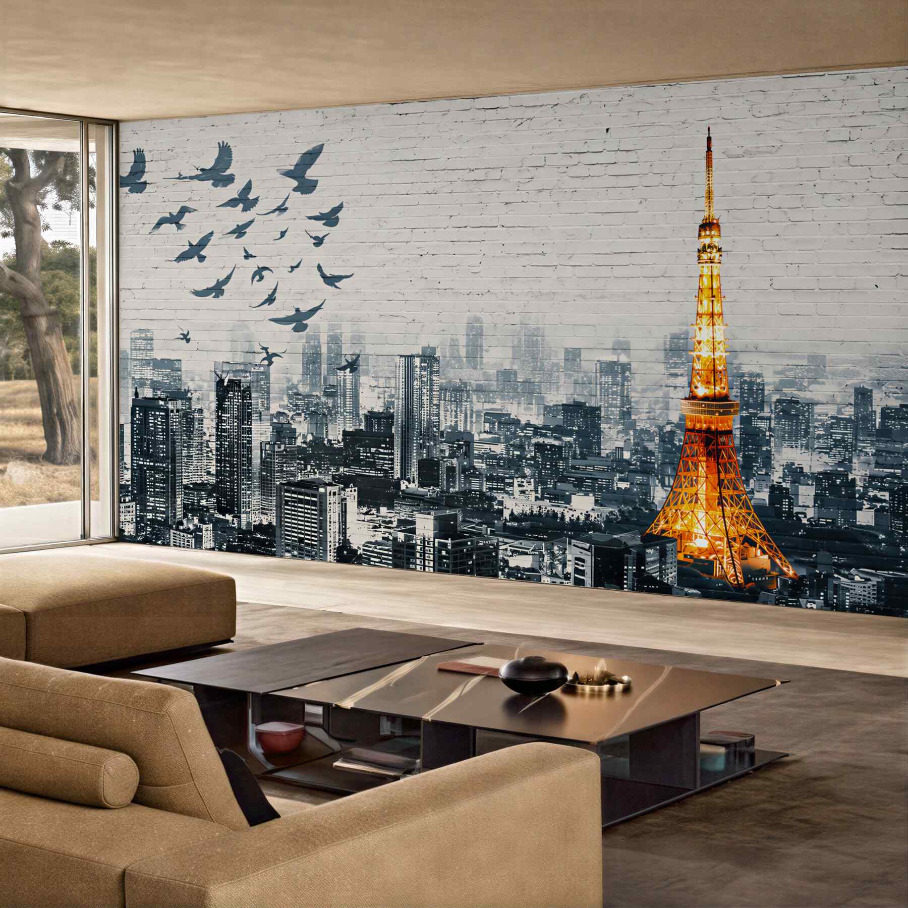 Fototapeta panorama Tokio z wieżą i ptakami w akwarelowym stylu