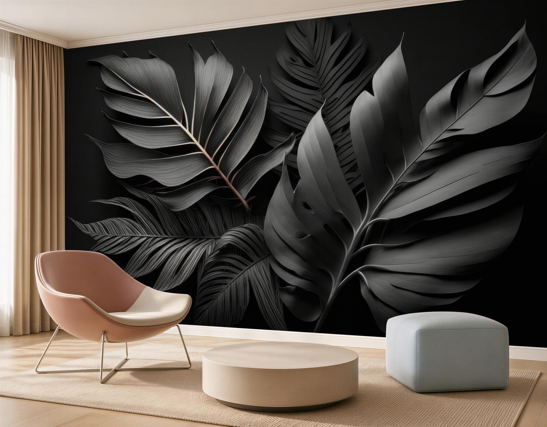 Fototapeta liście tropikalne beżowe 3D na subtelnym tle do salonu