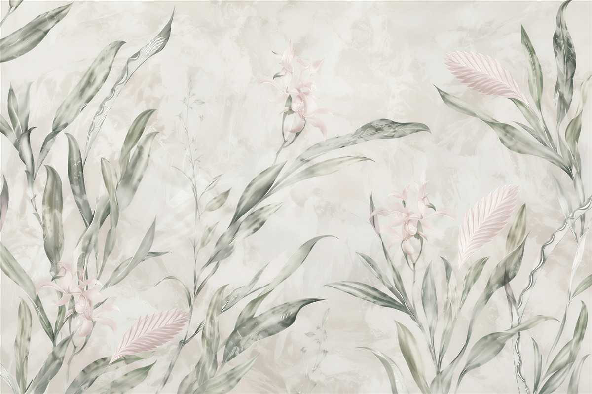 Fototapeta egzotyczne liście i delikatne kwiaty w stylu botanical