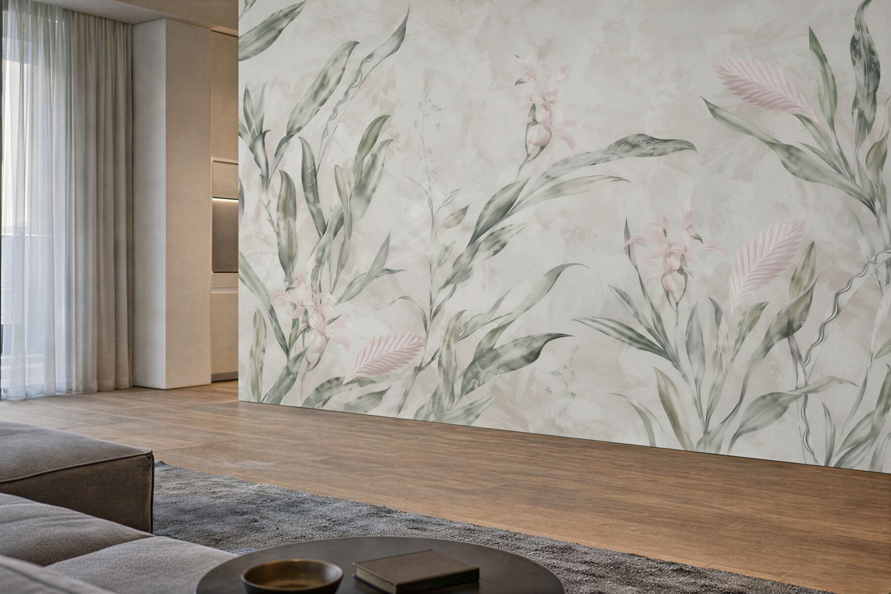 Fototapeta egzotyczne liście i delikatne kwiaty w stylu botanical?v23