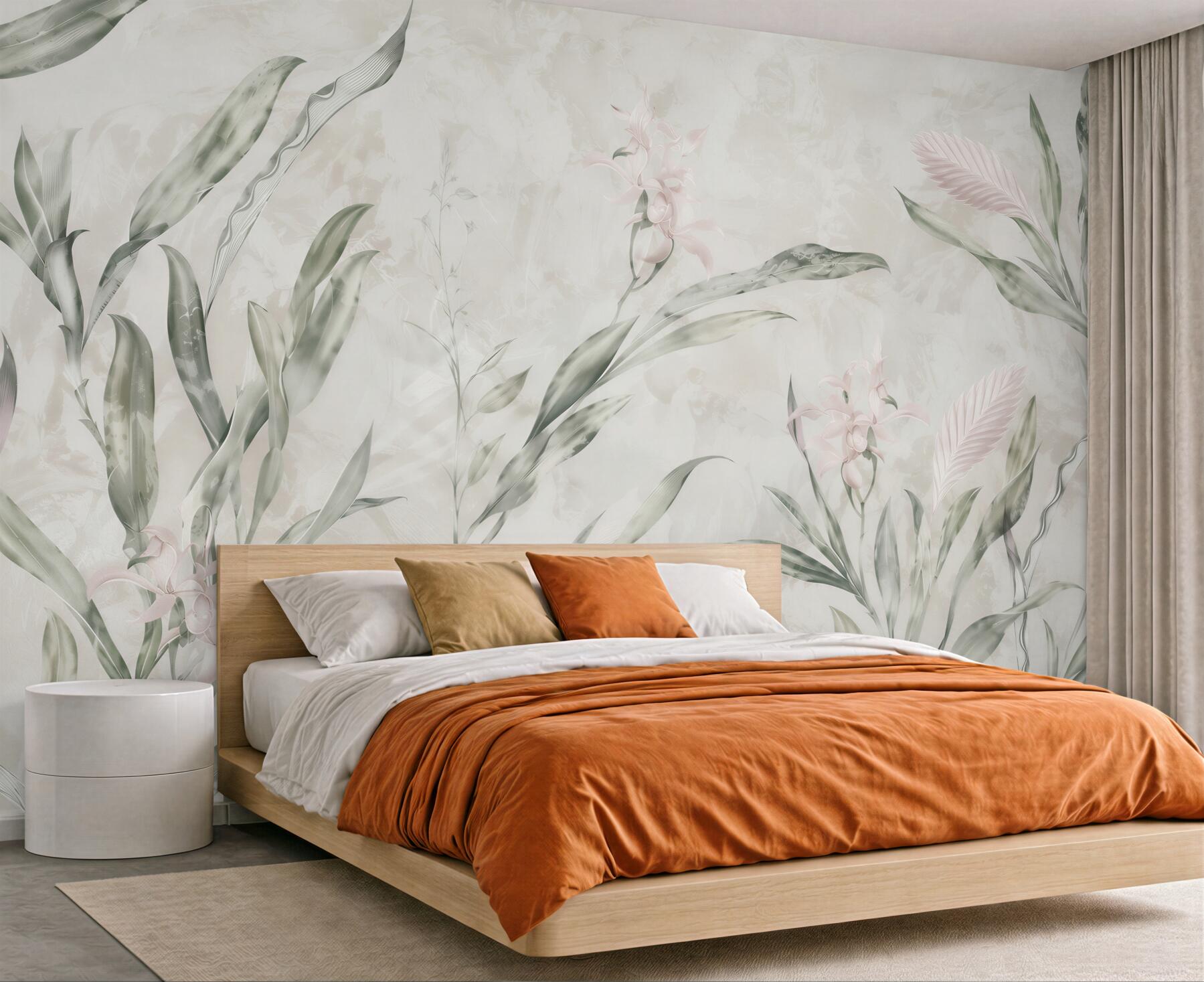 Fototapeta egzotyczne liście i delikatne kwiaty w stylu botanical?v23