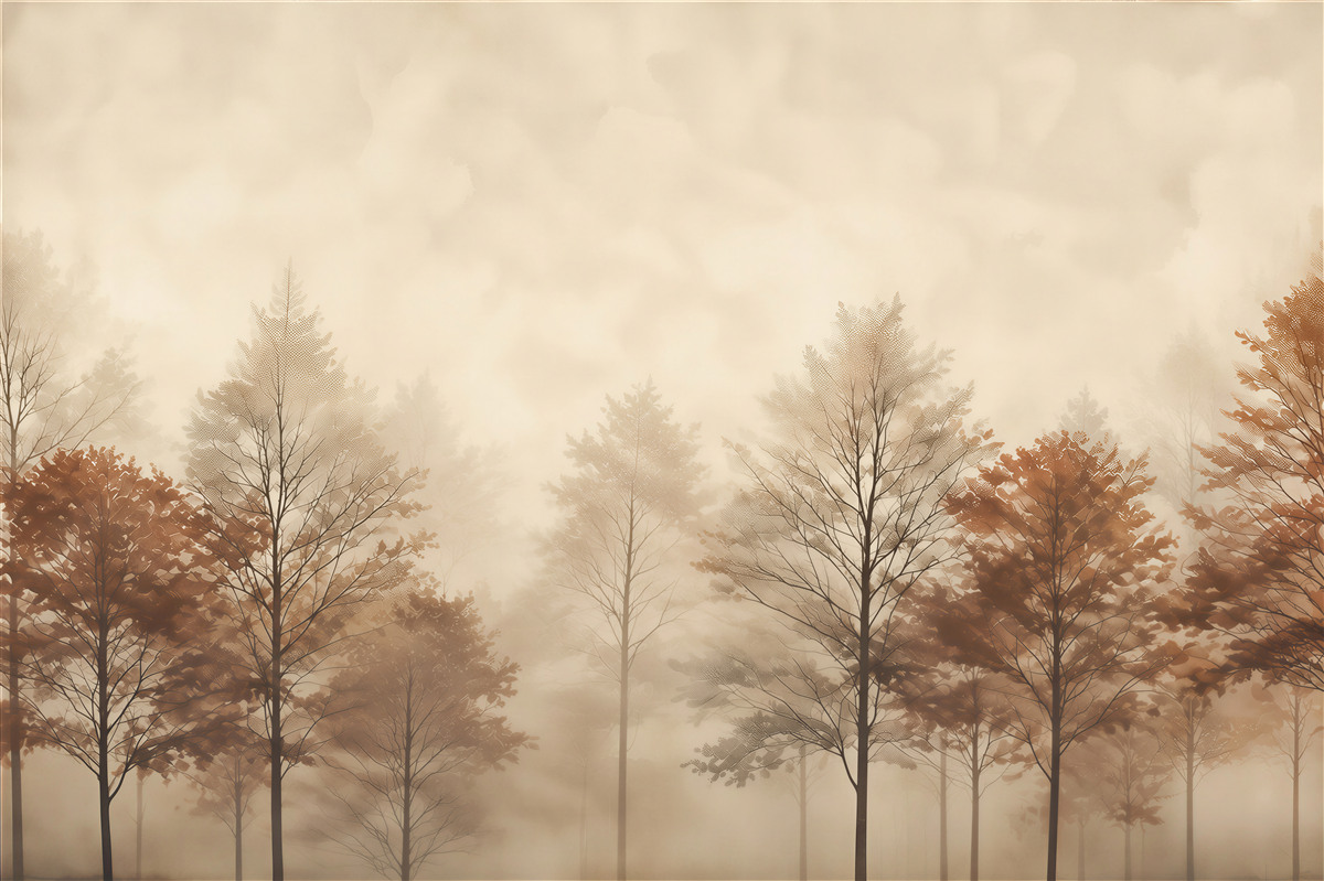 Fototapeta jesienny las we mgle w pastelowych odcieniach