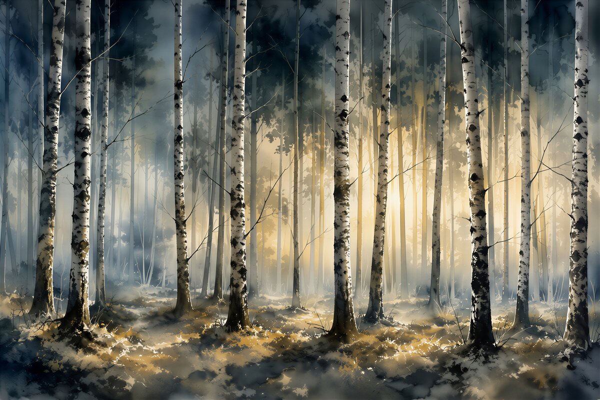 Fototapeta brzozy nad jeziorem we mgle w jasnych naturalnych barwach