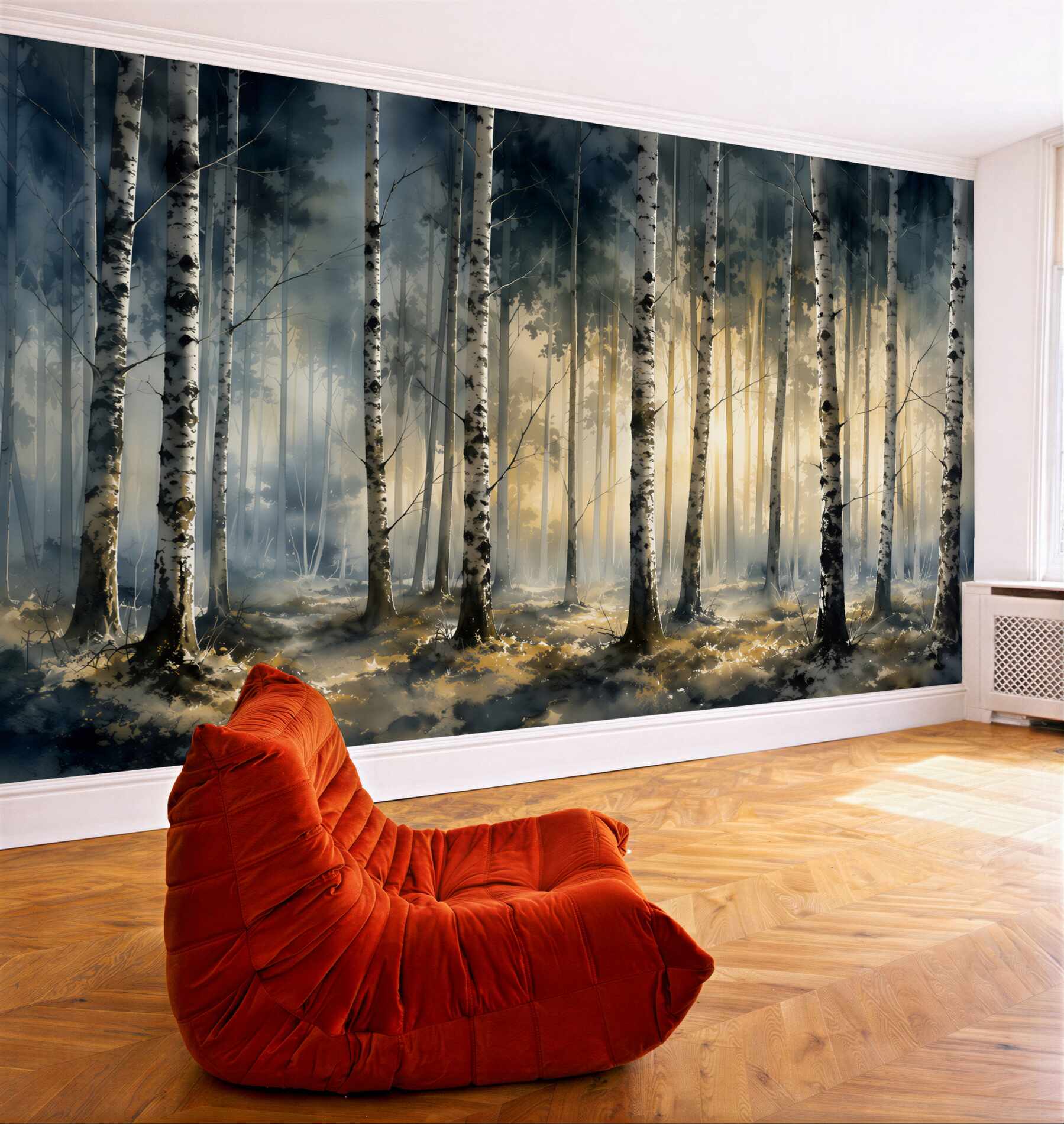 Fototapeta brzozy nad jeziorem we mgle w jasnych naturalnych barwach?v23