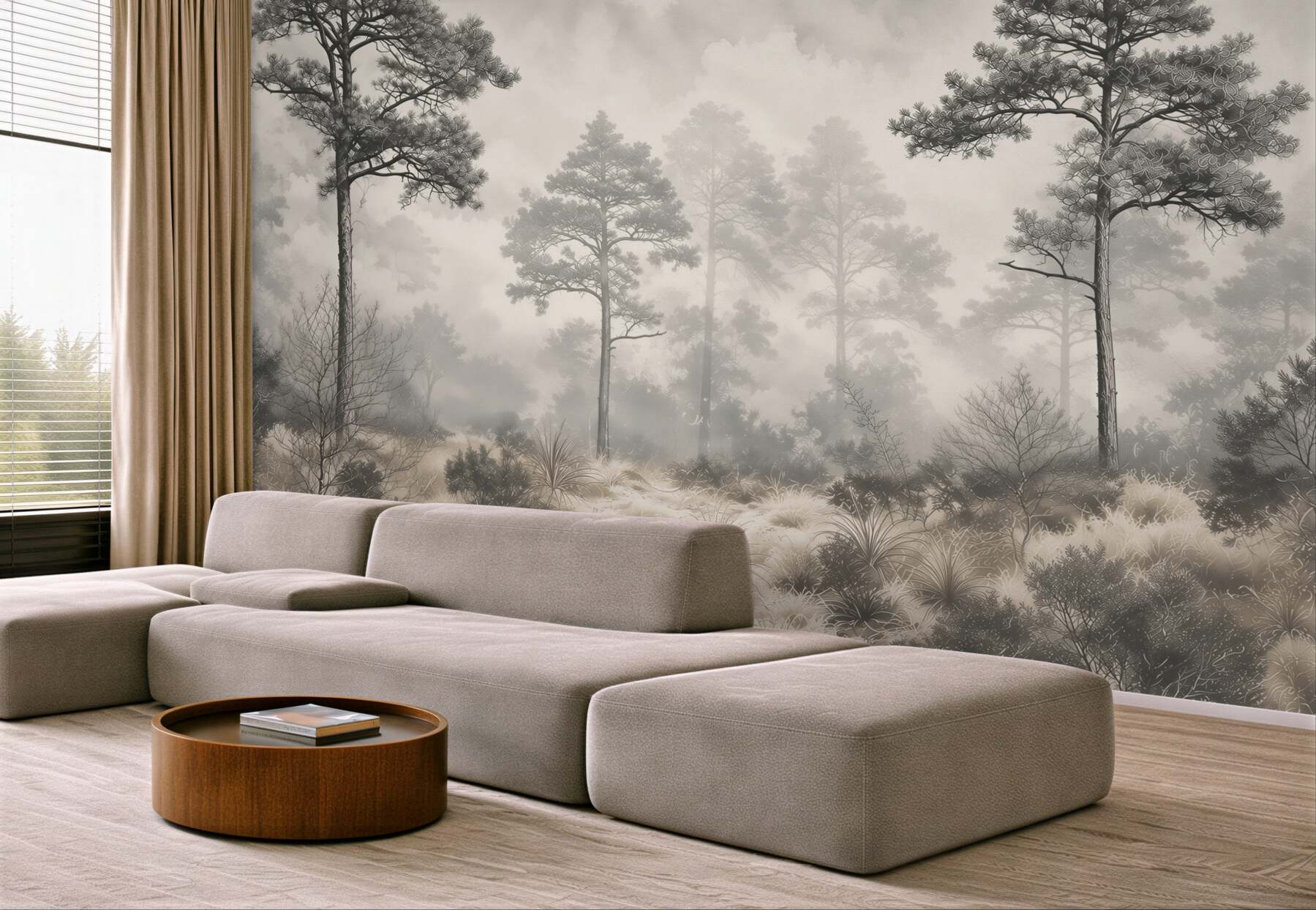 Fototapeta sosnowy las we mgle w stylu minimalistycznym?v23