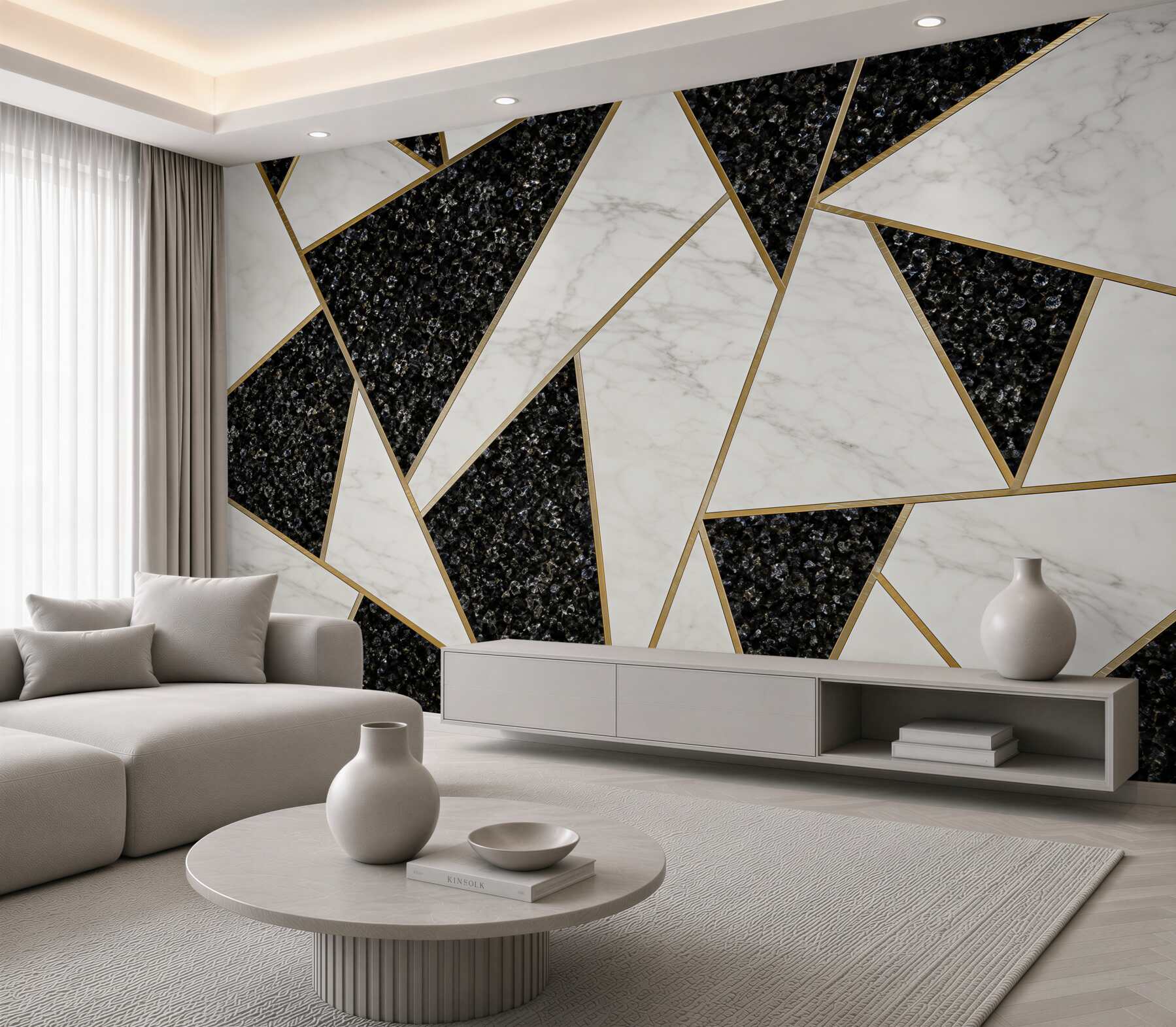 Fototapeta geometryczny marmur biało czarny ze złotymi liniami loftowa