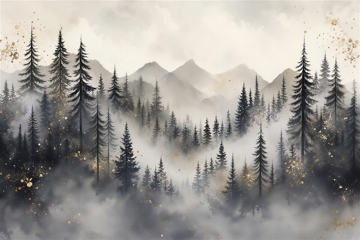 Fototapeta sosnowy las we mgle z górami w tle