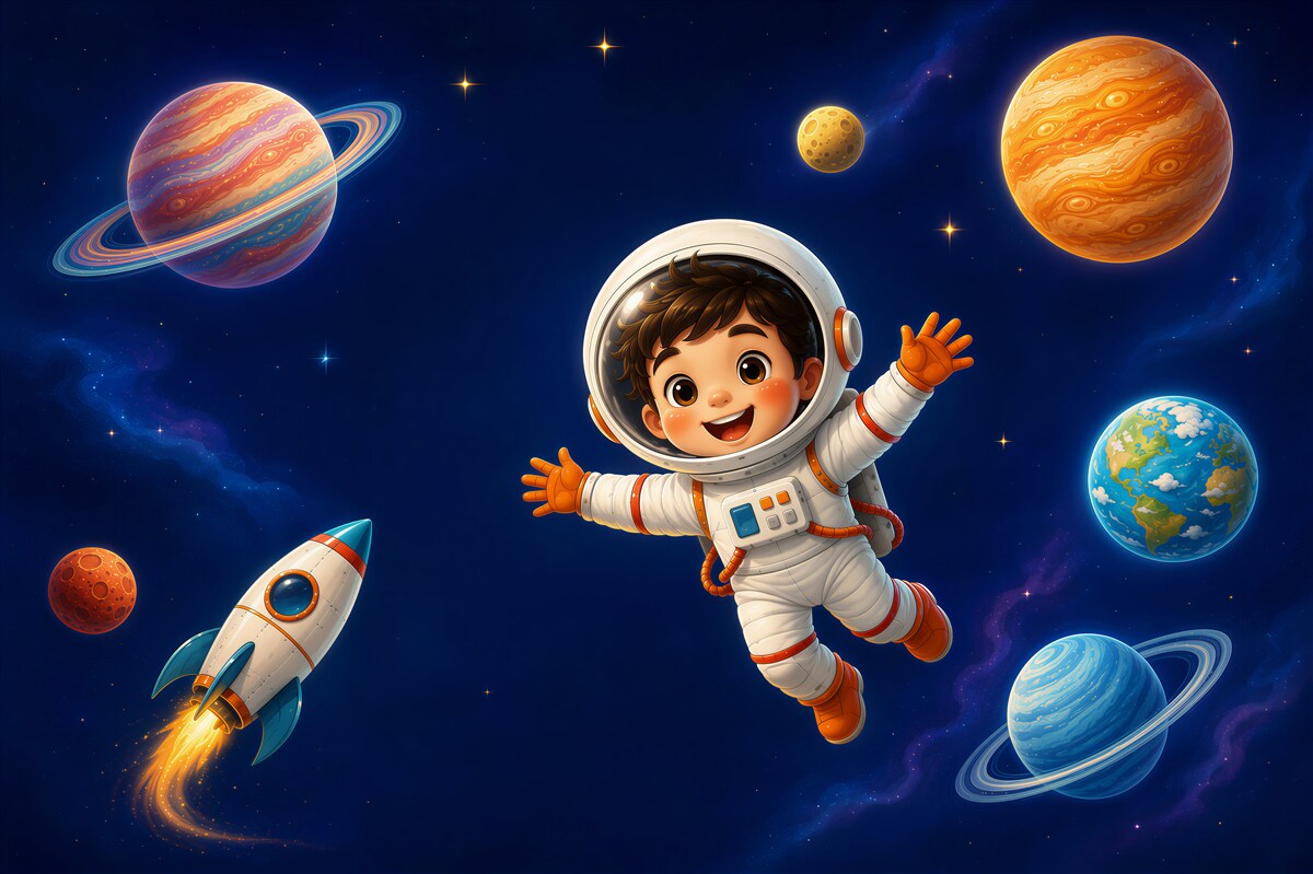 Fototapeta Chłopiec w astronaucie w kosmosie