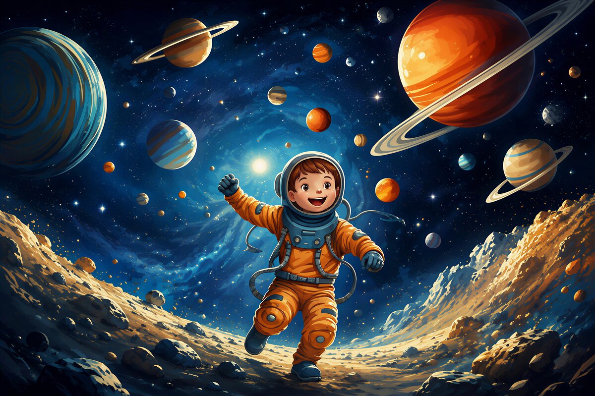 Fototapeta astronauta w kosmosie z planetami dla pokoju dziecka