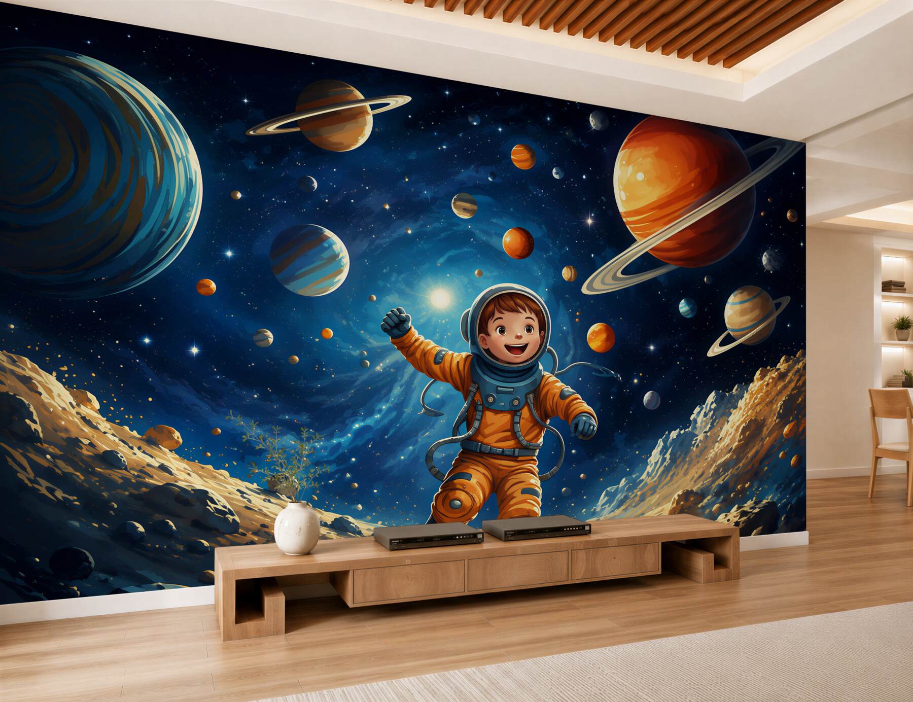 Fototapeta astronauta w kosmosie z planetami dla pokoju dziecka?v23