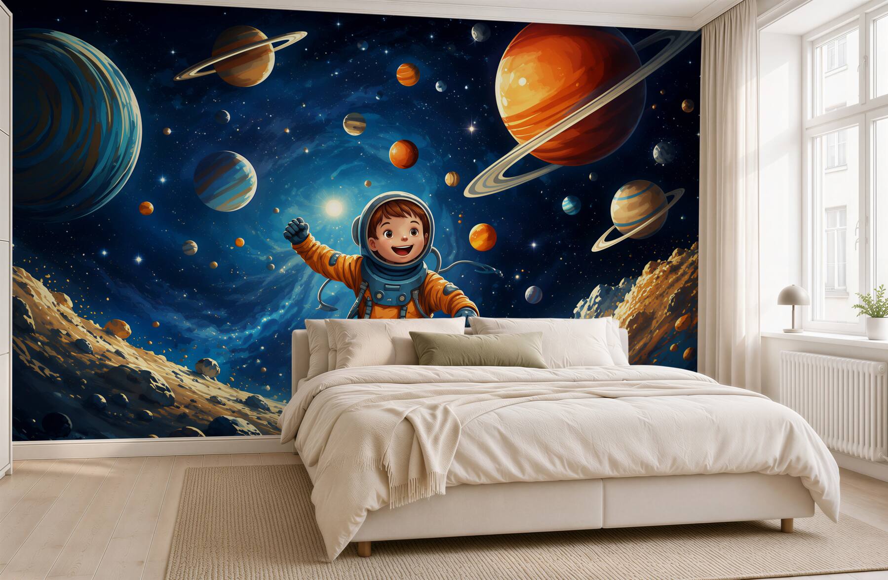Fototapeta astronauta w kosmosie z planetami dla pokoju dziecka?v23