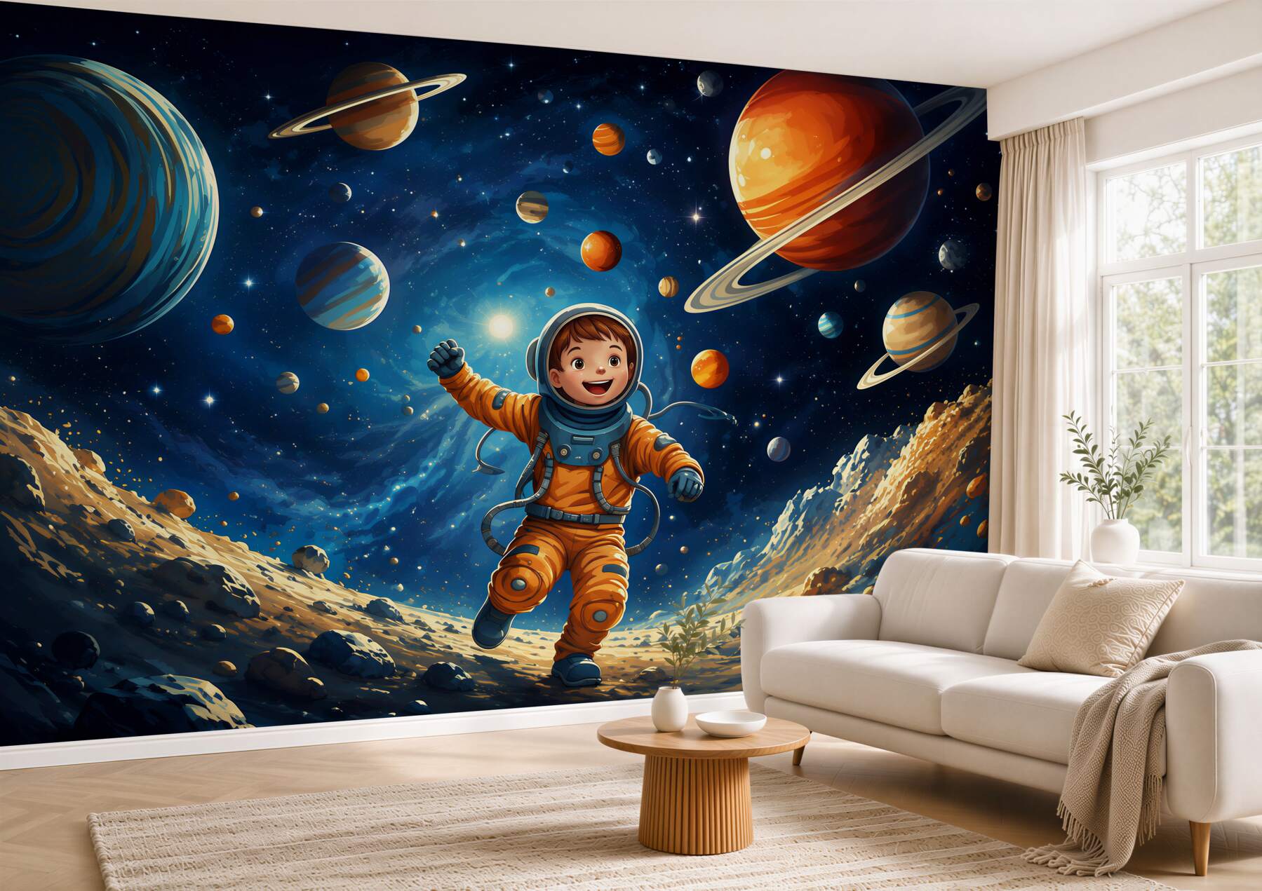 Fototapeta astronauta w kosmosie z planetami dla pokoju dziecka