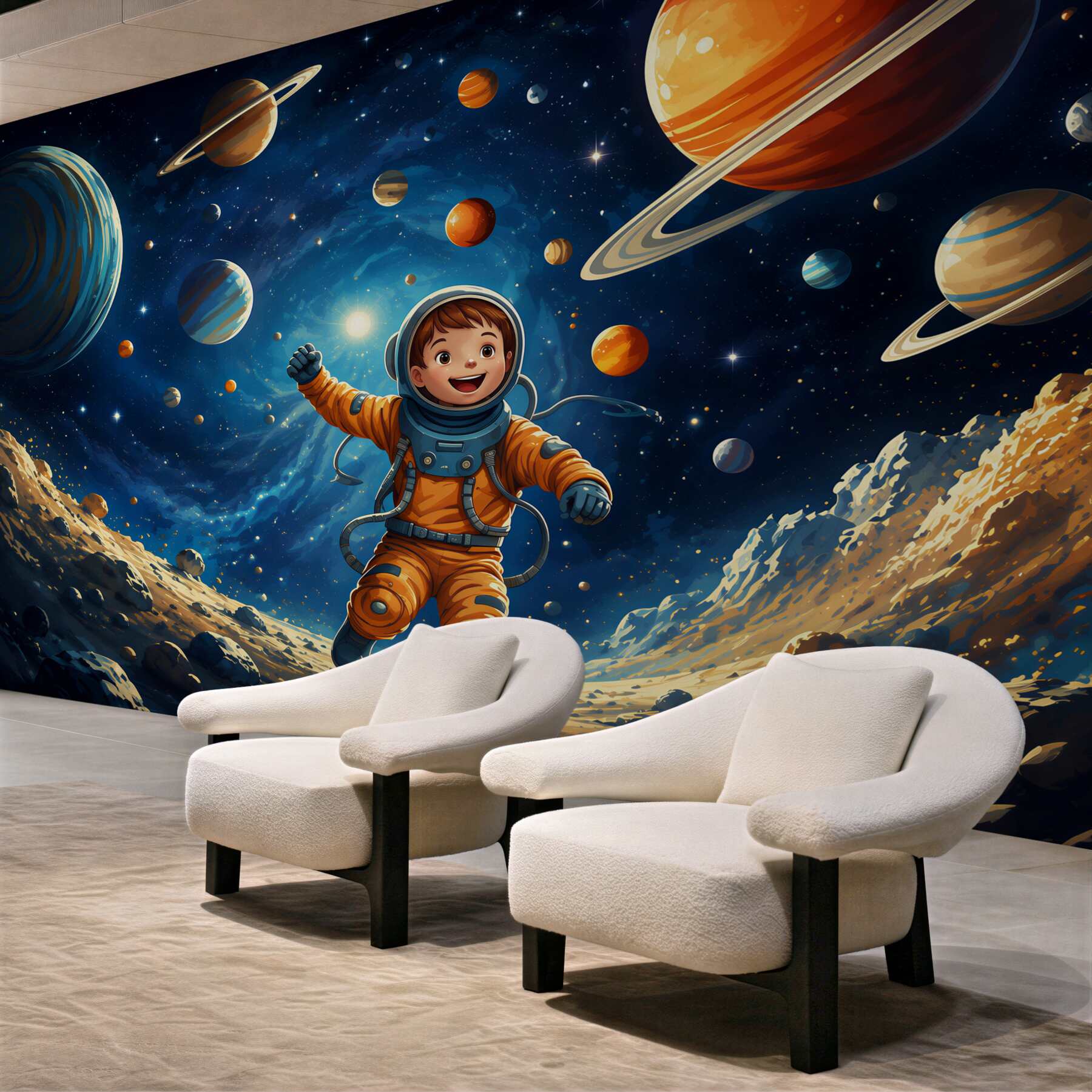 Fototapeta astronauta w kosmosie z planetami dla pokoju dziecka?v23