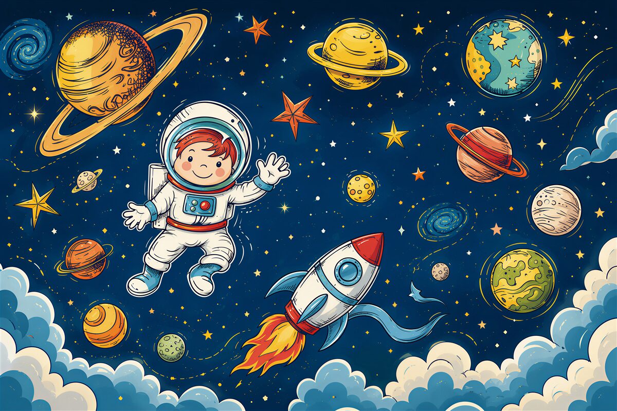 Fototapeta Chłopiec z astronautą, rakietą i planetą