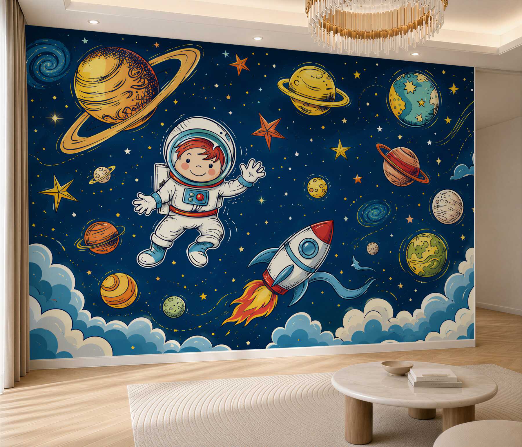 Fototapeta Chłopiec z astronautą, rakietą i planetą