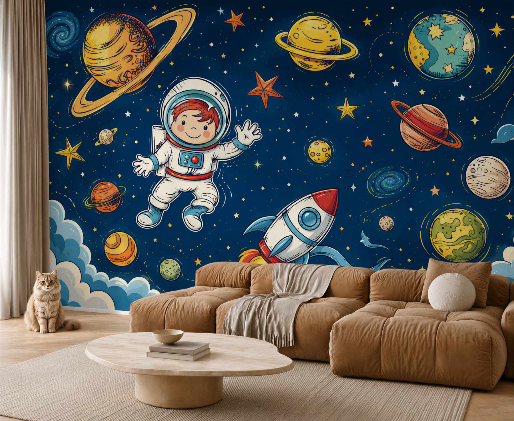 Fototapeta Chłopiec z astronautą, rakietą i planetą?v23
