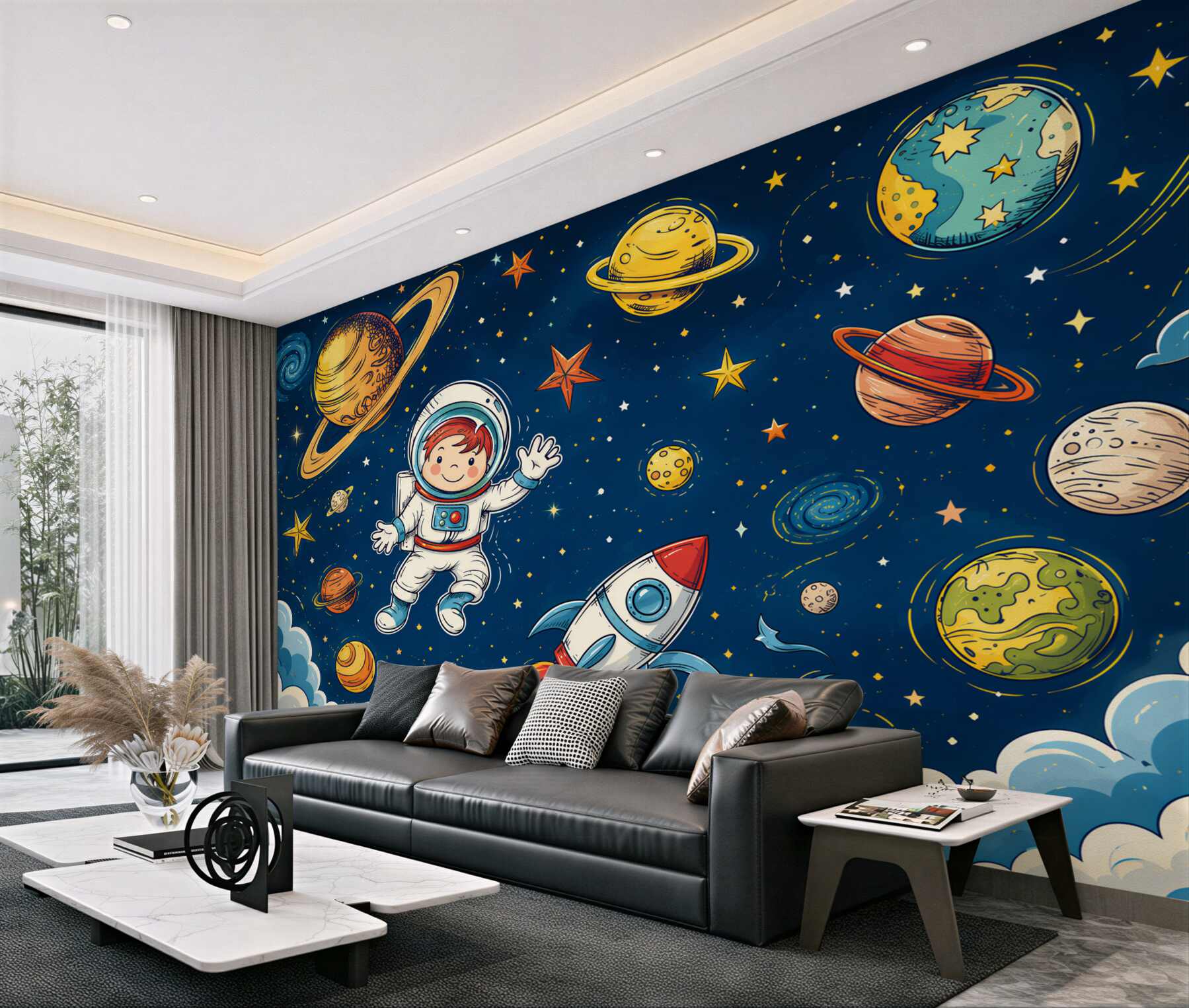Fototapeta Chłopiec z astronautą, rakietą i planetą?v23